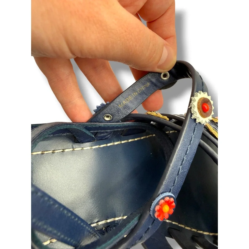 Tory Burch Marguerite Sandals 8 Navy Leather Floral Summer Casual‎ Boho